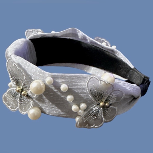 Elegant Silver & light Blue Headband with Pearls and Butterfly Accents - Picture 1 of 8